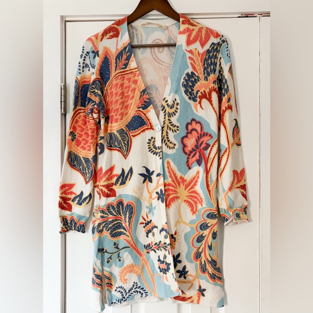 Soft Surroundings Marin Floral Cardigan Multicolor Cotton Sweater Size XS EUC
